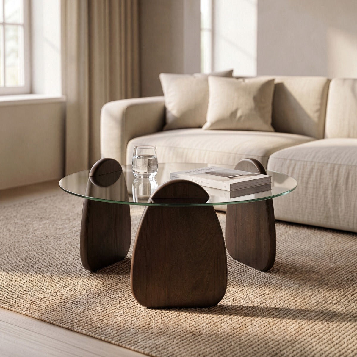 Japandi Stijl Design Salontafel – Donkerbruin Hout & Glas | 80 cm